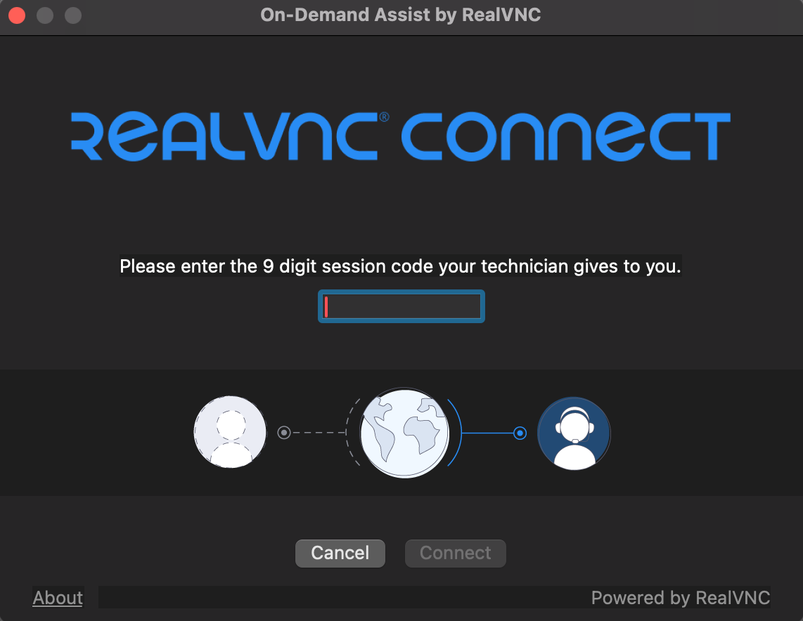 Remote support code entry screen